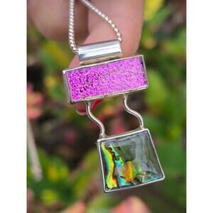 Vintage DJ Modernist Sterling Silver Dichroic & Fused Art Glass Pendant Necklace
